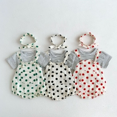 Infant Baby Girl Polka Dot Pattern Striped Tee Sets In Summer With Headband Wholesale