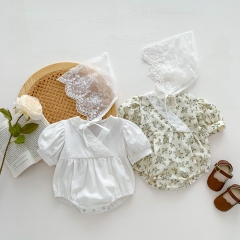 Infant Baby Girl Floral Pattern Mesh Patched Design V-Neck Onesies Wholesale
