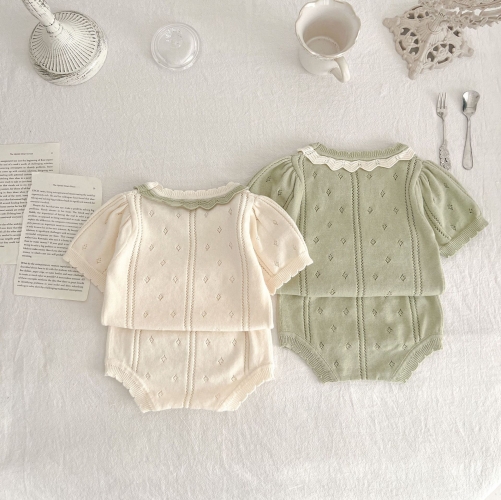 Infant Baby Girl Solid Color Mesh Patched Design Knit Tops Sets Wholesale