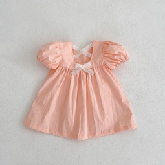 Infant Baby Girl Solid Pink Mesh Belted Design Dress Wholesale