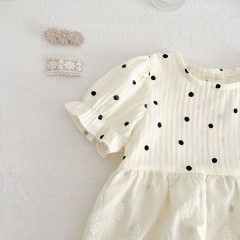 Baby Girl Dot Pattern Crewneck Mesh Onesie Dress With Headband Wholesale