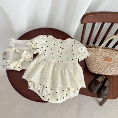 Baby Girl Dot Pattern Crewneck Mesh Onesie Dress With Headband Wholesale