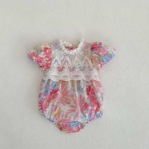 Infant Baby Girl Flower Pattern Mesh Patched Design Puff Sleeve Onesies Wholesale