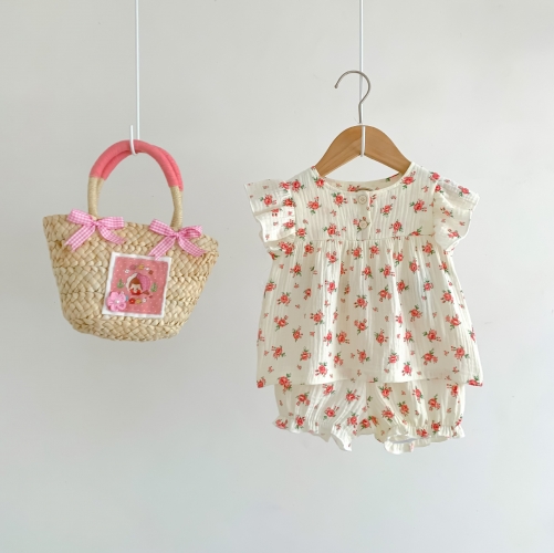 Infant Baby Girls Cotton Floral Print Top Combo Short Pants In Sets Summer Outfit Wearing Wholesale