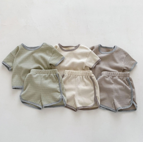Infant Baby Unisex Color Contrast Waffle Short-sleeved Top Combo Short Pants In Sets Wholesale