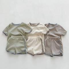 Infant Baby Unisex Color Contrast Waffle Short-sleeved Top Combo Short Pants In Sets Wholesale