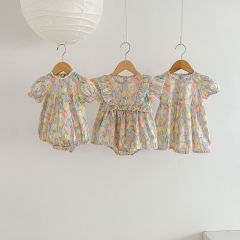 Infant Baby Girls Lovely Floral & Rabbit Print Onesie Dress Combo Dress and Romper Sets Wholesale