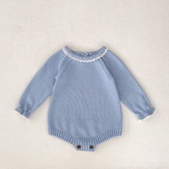 Infant Baby Girls Solid Blue Long-sleeved Round Collar Button Back Knitting Romper Wholesale