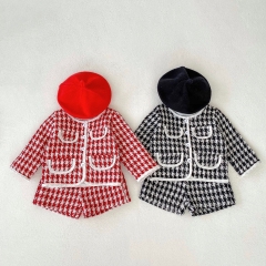 Infant Baby Girls 2-pieces Grid With Pockets Design Coat Combo Short Pants In Sets Wholesale