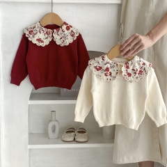 Infant Baby Long-sleeved Hollow-out Floral Louf Collar Top Wholesale