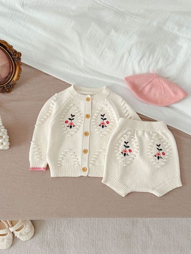 Baby Girls 0-2 years Embroidery Floral Cardigan Combo Short Pants In Sets Wholesale