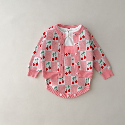 2023 New Arrival Infant Baby Girl Cherry Knit Sweaters Combo Overalls In Sets Wholesale