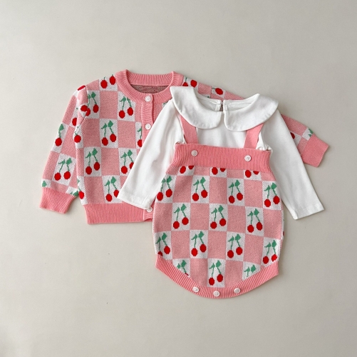 2023 New Arrival Infant Baby Girl Cherry Knit Sweaters Combo Overalls In Sets Wholesale