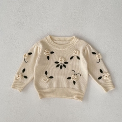 Infant Baby Girls Handmade Knitting Flowers Combo Embroidery Leaves Design Pullover Wholesale
