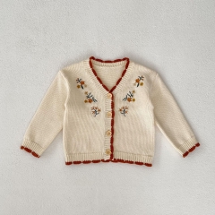 Infant Baby Girls Embroidery V-collars Long Sleeves Cardigan Wholesale