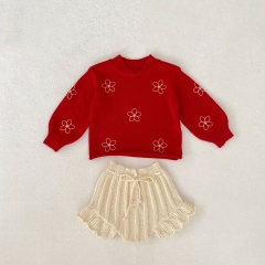 Infant Baby Girls Flowers Embroidery Coat Combo Short Pants In Sets Wholesale