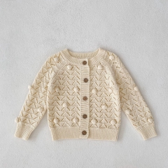 2023 New Arrival Infant Baby Girls  Knitted Pom Hollow-out Pattern Cotton Cardigan Wholesale
