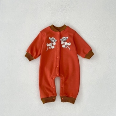 2023 Baby Toddler Girl Fleece Floral Print Long Sleeve Jumpsuit Wholesale