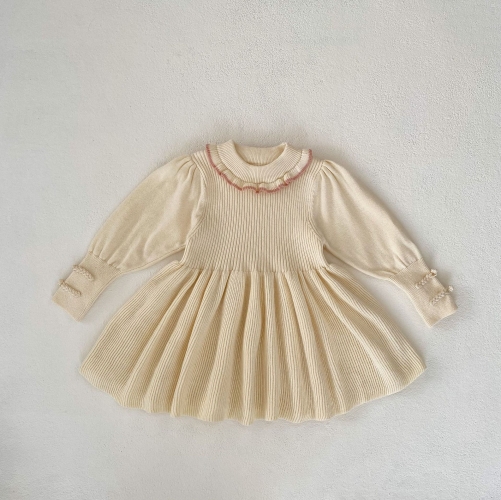 2023 New Arrival Baby Girl Lace Round Collar Long Sleeve Dress In Autumn&Winter Wholesale