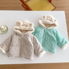 Infant Baby Unisex Cozy Solid Color Reversible Coat with Fluffy Hat Wholesale