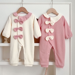 Infant Baby Girls Cozy Thick Bows Attached Romper Wholesale