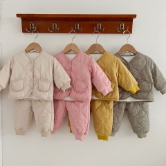 Unisex Winter Infant Baby Solid Color V Neck Coat and Pants Sets Wholesale