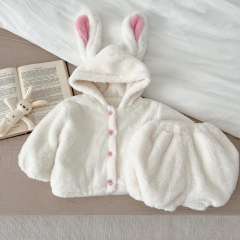 Infant Baby Girls Fluffy Rabbit Style Cardigan and Pants Sets Wholesale