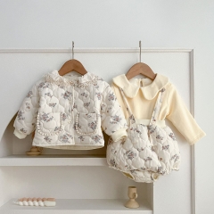 Winter Infant Baby Girls Floral Coat&Overalls Beige Tops Clothing Set Wholesale