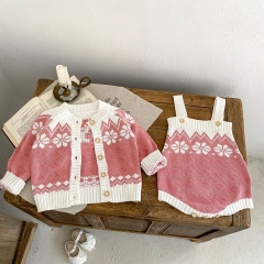 Infant Baby Girls Floral Pink Knitted Cardigan and Shoulder Strap Onesie Sets Wholesale