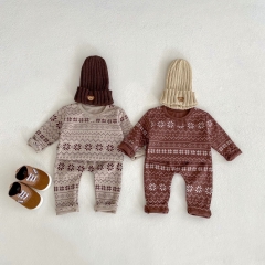 Infant Baby Unisex Vintage Christmas Snowflake Knitted Pullover and Pants Home Clothes Sets Wholesale