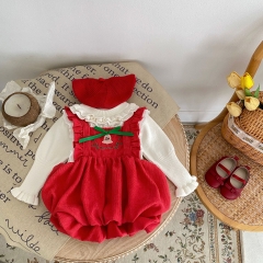Infant Baby Girls Christmas Bell Knitted Red Dress and White Pullover Sets Wholesale