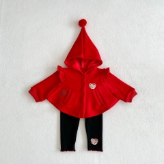 Infant Baby Girls Cartoon Logo Knitted Red Cardigan and Black Pants Sets Wholesale