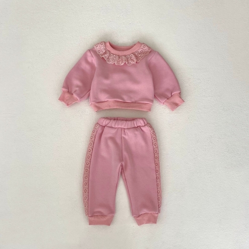 Sweet and Versatile Two-Piece Set: Round Neck Lace Trimmed Fleece Top and Pants for Baby Girls and Toddlers Wholesale