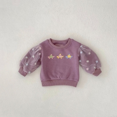 Baby Girl Infant Toddler Floral Cutout Mesh Long Sleeve Fleece Pullover Sweatshirt Wholesale