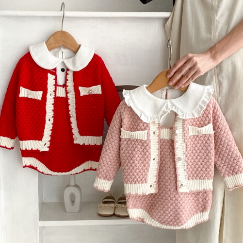 Two-Piece Set: Color Block Knit Cardigan and Suspender Romper for Baby Girls' New Year Outfit 2-Piece Set Wholesale