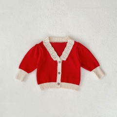 New Year Red Long Sleeve Knit Cardigan for Girls - Pure Cotton Children's Open Front Sweater Wholesale