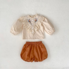 New Arrival Infant Baby Girls Floral Embroidery Long Sleeve Combo Short Pants In Sets Wholesale