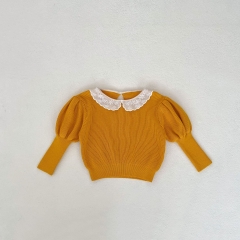 Infant Baby Girls Handmade Solid Color Combo Laces Round-collars Knit Sweaters Pullover Wholesale