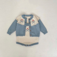 Infant Baby Girls Floral Blue Cardigan Combo Overalls In Sets Wholesale