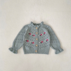 Baby Girls Jacquard Embroidery Horn Long Sleeve Knit Cardigan Spring & Autumn Knitwear Wholesale