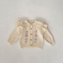 New Spring Infant Baby Girls Jacquard Embroidery Laces Round-collars Long Sleeve Knit Cardigan Knitwear Wholesale