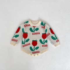 New Spring Infant Baby Girl Jacquard Knitting Long Sleeve One Piece Wholesale