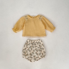 2024 New Arrivals Infant Baby Girls Yellow Round-collars Long-sleeved Combo Jacquard Short Pants In Sets Wholesale