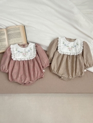 2024 New Arrivals Infant Baby Girls Laces Collars Combo Grid Long Sleeve One Piece In New Spring Wholesale
