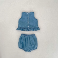 2024 Infant Baby Girls Cowboy Embroidery Crewneck Sleeveless Tops With Shorts Sets In Summer Wholesale