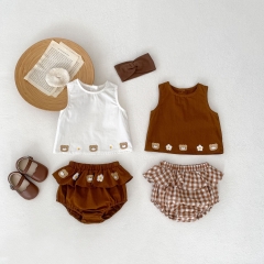 2024 Infant Baby Girls Bear Head Print Crewneck Sleeveless Tops With Shorts Sets In Summer Wholesale