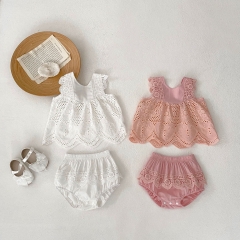 2024 Infant Baby Girls Laces Solid Color Crewneck Sleeveless Tops With Shorts Sets In Summer Wholesale