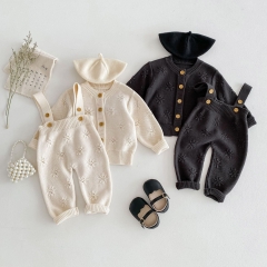 2024 New Arrivals Infant Baby Girls Solid Colors Knitting Cardigan Combo Overalls In Sets Wholesale