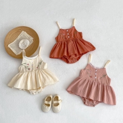2024 New Summer Infant Baby Girls Jacquard Embroidery Crewneck Sleeveless One Pirsece Wholesale