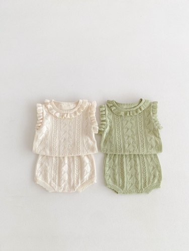 Infant Baby Girls Knitting Solid Colors Crewneck Sleeveless Tops With Shorts Sets Wholesale